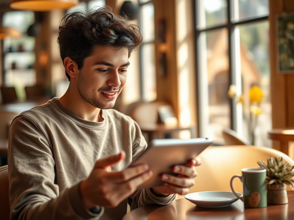 A young man smiles while holding a tablet in a cozy café, with a cup and plate on the table beside him.