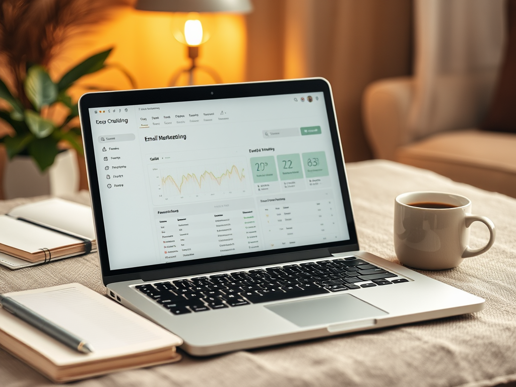 A laptop displaying email marketing analytics on a table with a notebook and a coffee cup beside it.