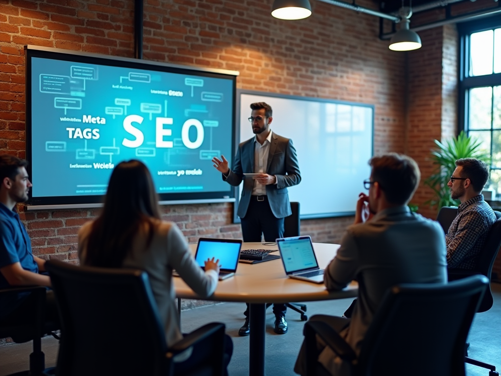 Man presenting SEO concepts to colleagues in a modern office setting.