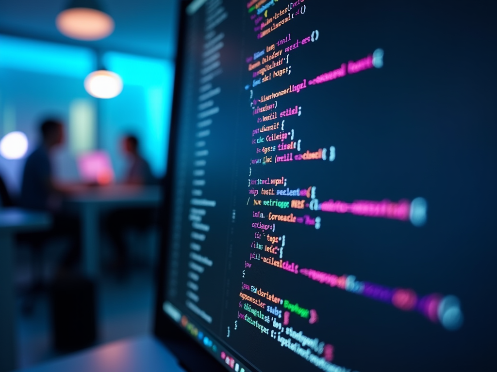 Focused computer screen displaying colorful code with blurred background of people discussing at a meeting.