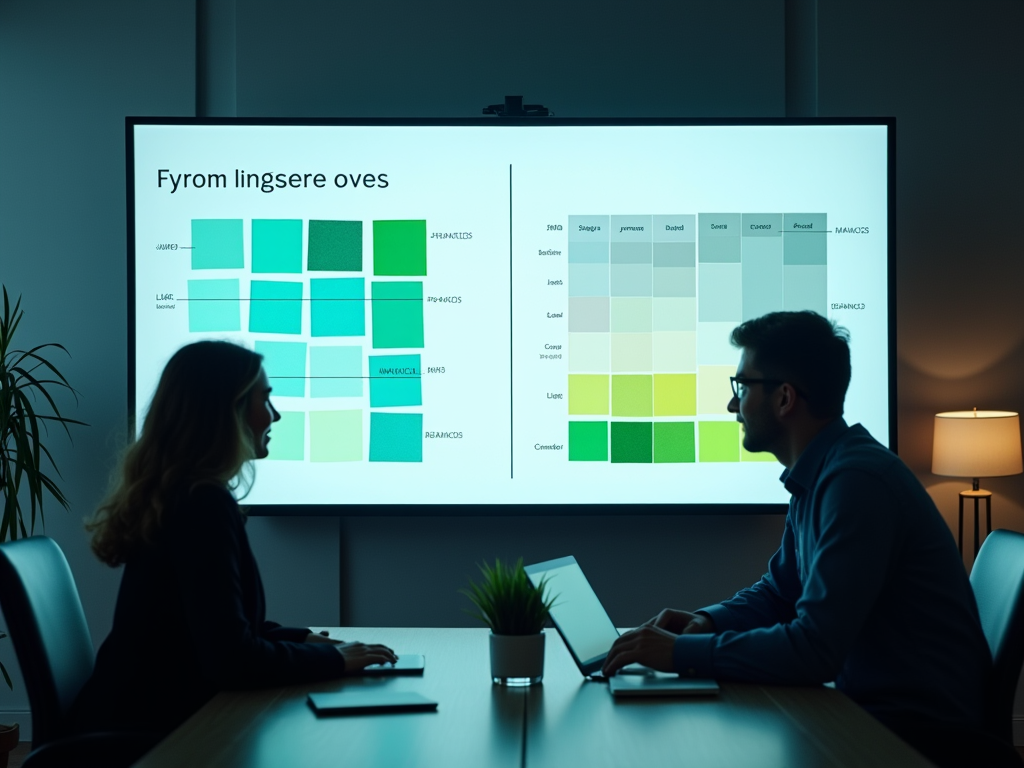 Two professionals discussing a colorful data chart on a large screen in a dimly lit room.