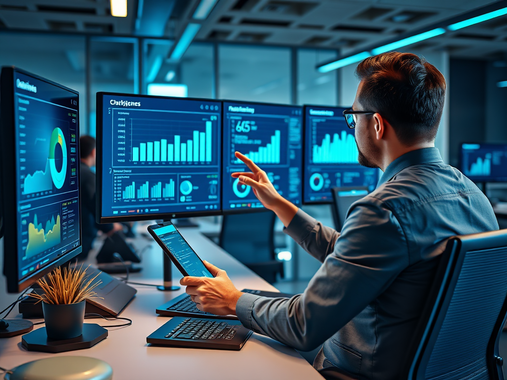 A man in a shirt analyzes graphs on multiple screens while holding a tablet in a modern office space.