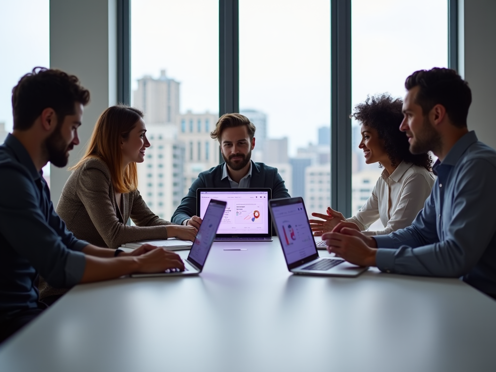 Five professionals discussing around a table with laptops in a well-lit office with city views.