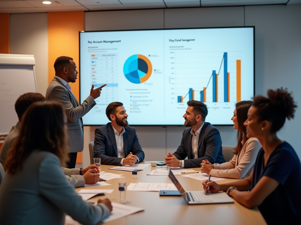 A group of professionals in a meeting, discussing data displayed on a screen behind them. Graphs and charts visible.