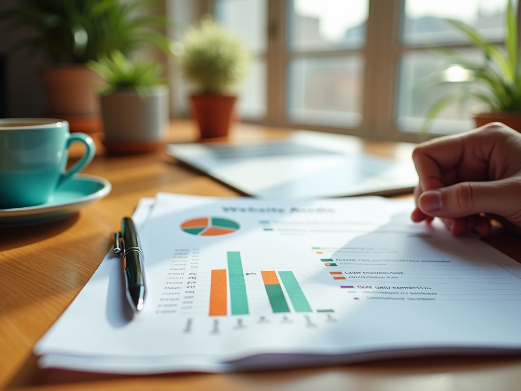 Person analyzing a pie chart and bar graph on paper next to a coffee cup and indoor plants in sunlight.