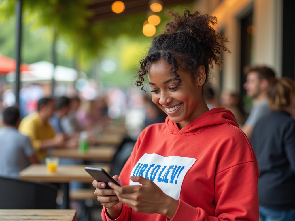 Smiling woman in red hoodie looking at her phone at an outdoor cafe.