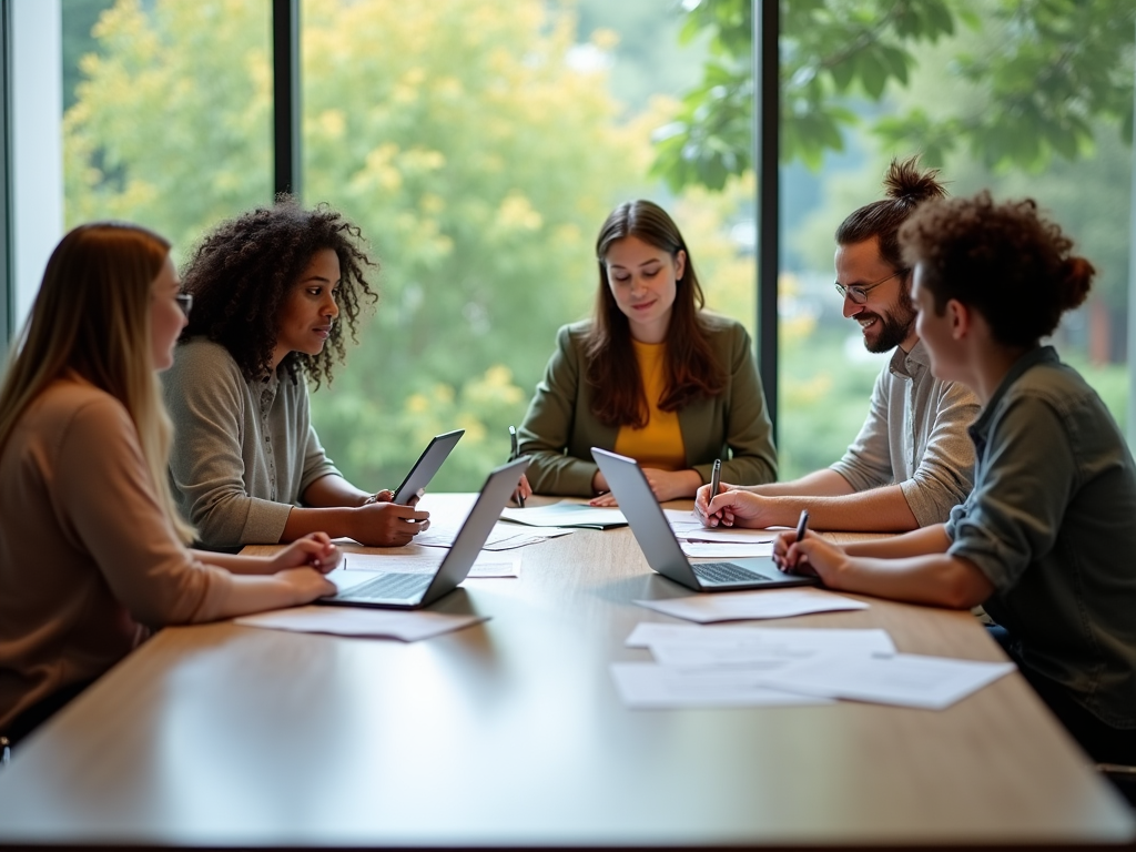 Five colleagues discuss project details around a table in a bright office with greenery outside.