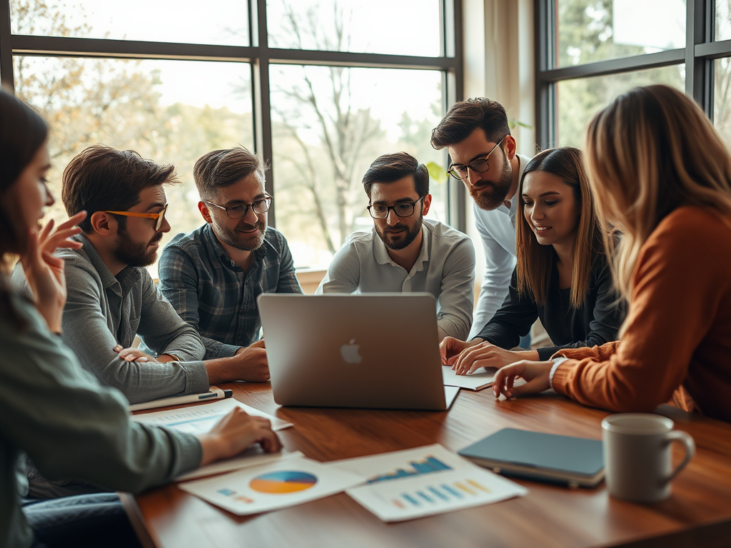A diverse group of eight people collaborates over a laptop, discussing data and charts in a bright office setting.