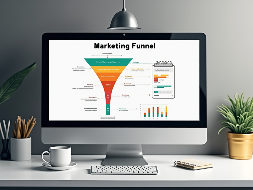 Computer screen displaying a colorful marketing funnel diagram, accompanied by charts, on a tidy desk with office supplies.