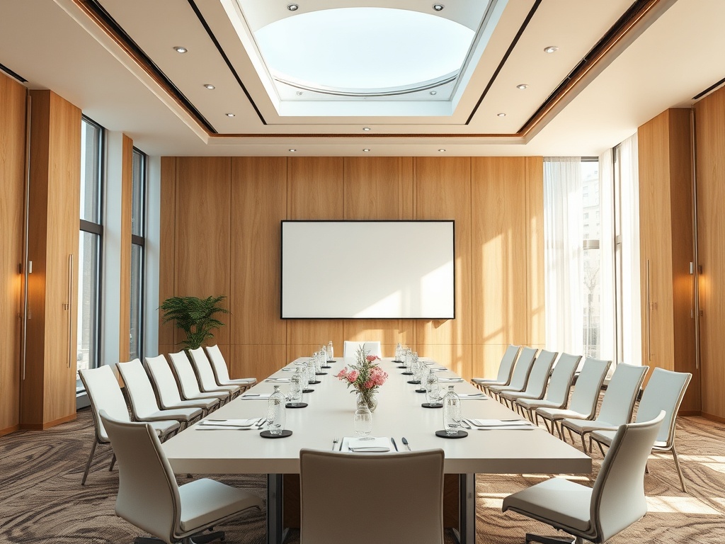 A modern conference room with a long table, white chairs, a projector screen, and large windows.