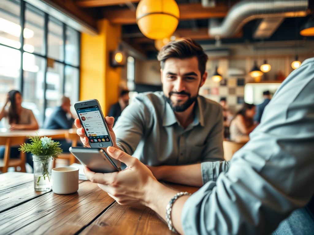 Two young men in a café, one showing his phone screen to the other while sitting at a wooden table.