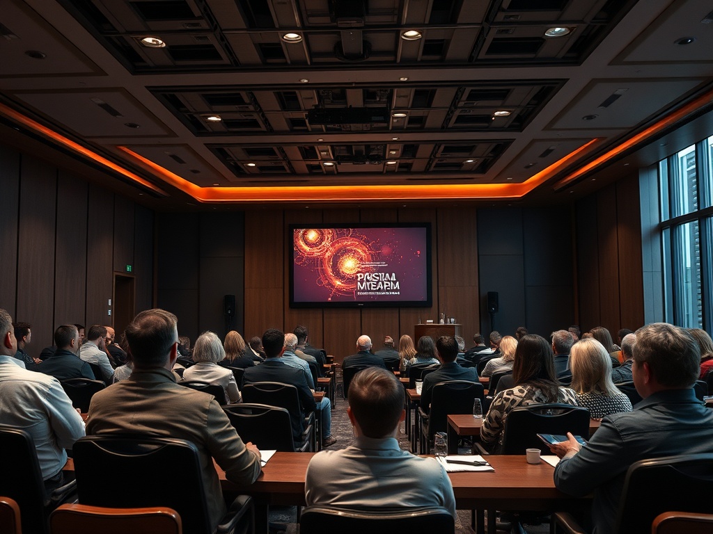 A conference room filled with attendees watching a presentation on a screen, featuring colorful graphics.