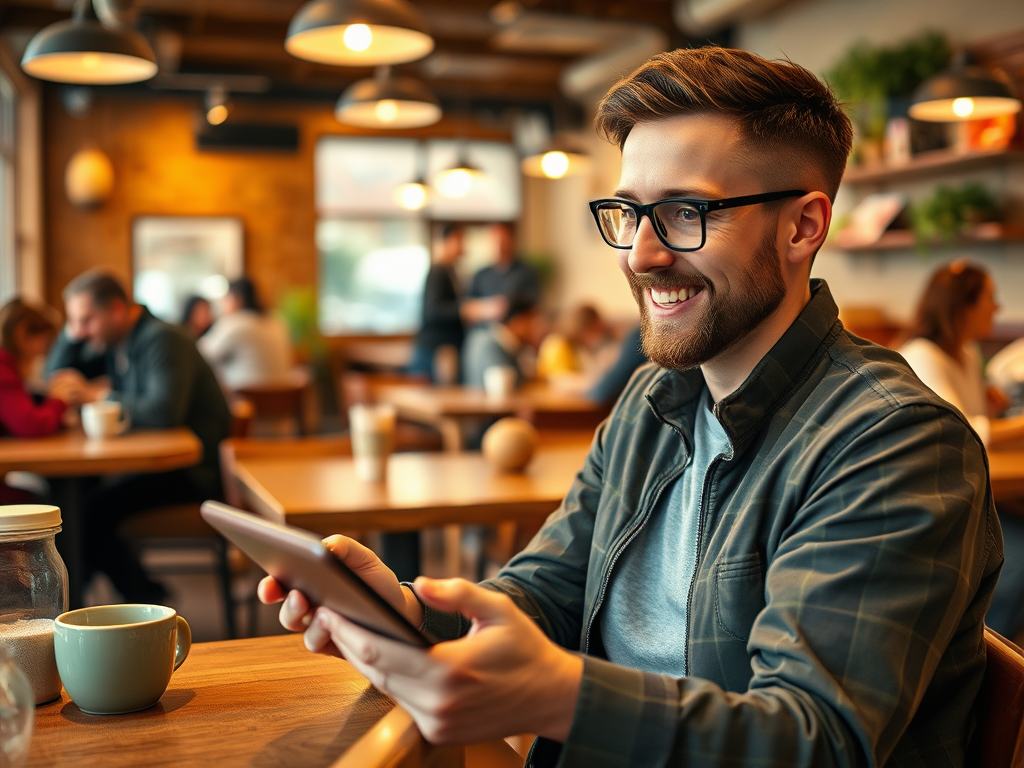 A young man with glasses smiles while holding a tablet, sitting in a cozy café with people chatting in the background.