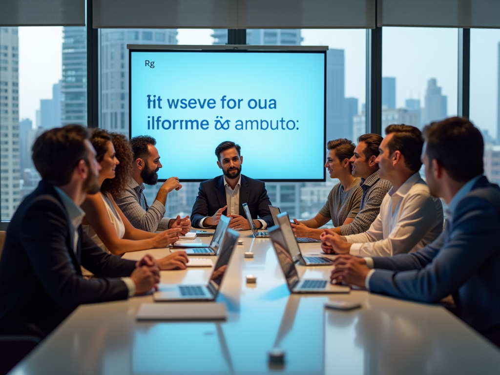 A diverse group of professionals in a conference room engaged in a meeting with laptops and a presentation screen.