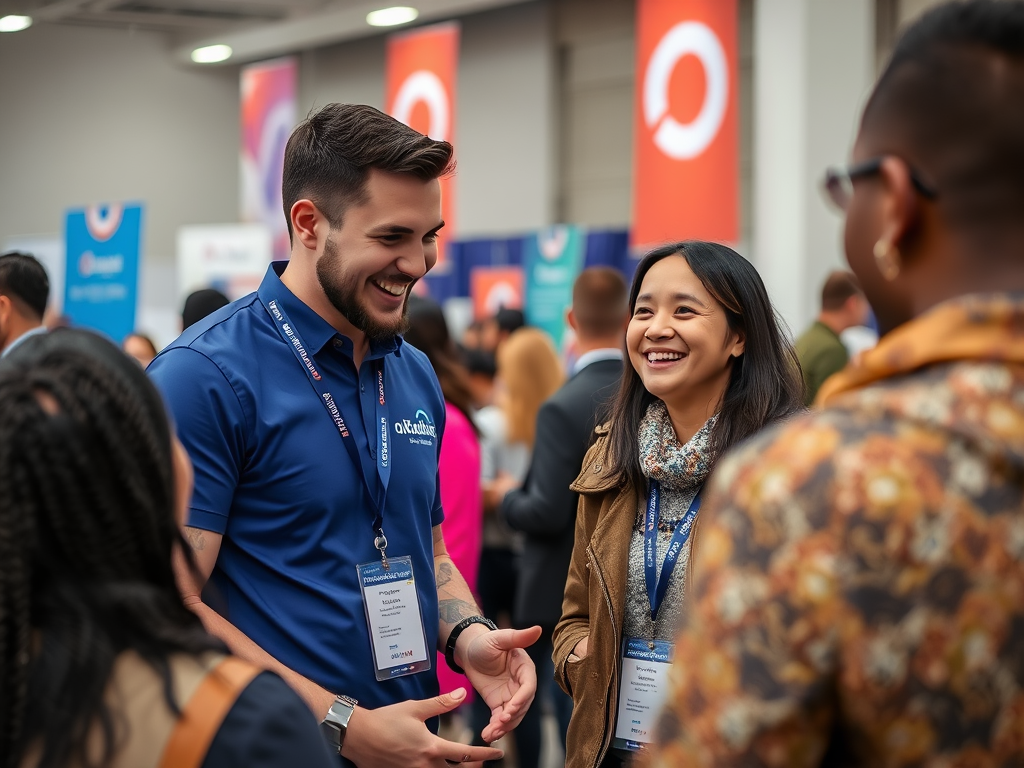 A man and a woman engage in conversation at a busy event, both smiling and wearing name badges.  