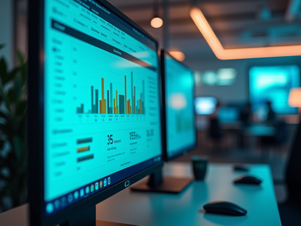 Two computer monitors displaying colorful bar graphs and data analytics in a modern office setting.