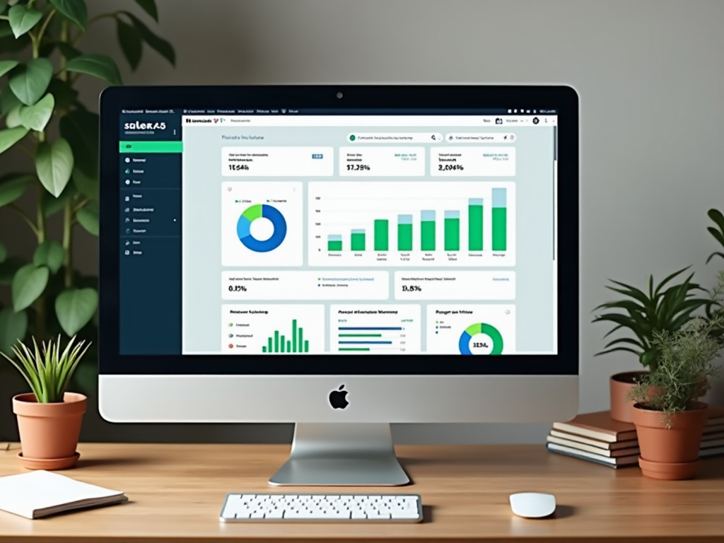 Компьютер на столе с открытыми данными аналитики на экране, рядом комнатные растения.
