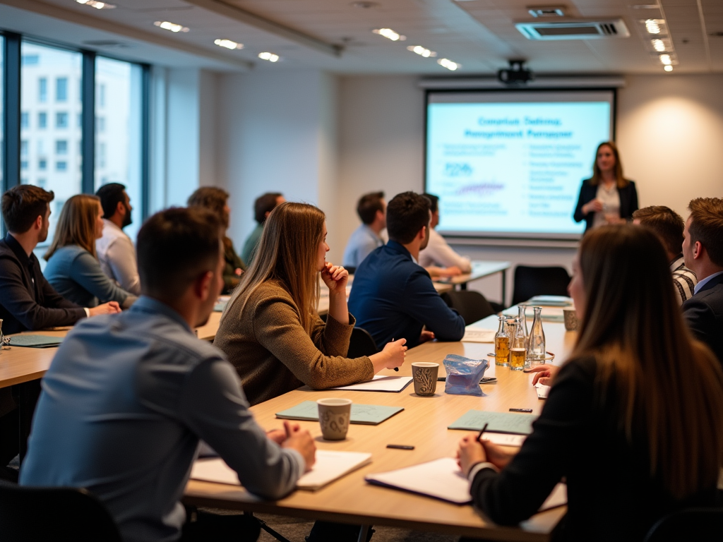 Professional seminar with business people listening to a female presenter in a conference room.