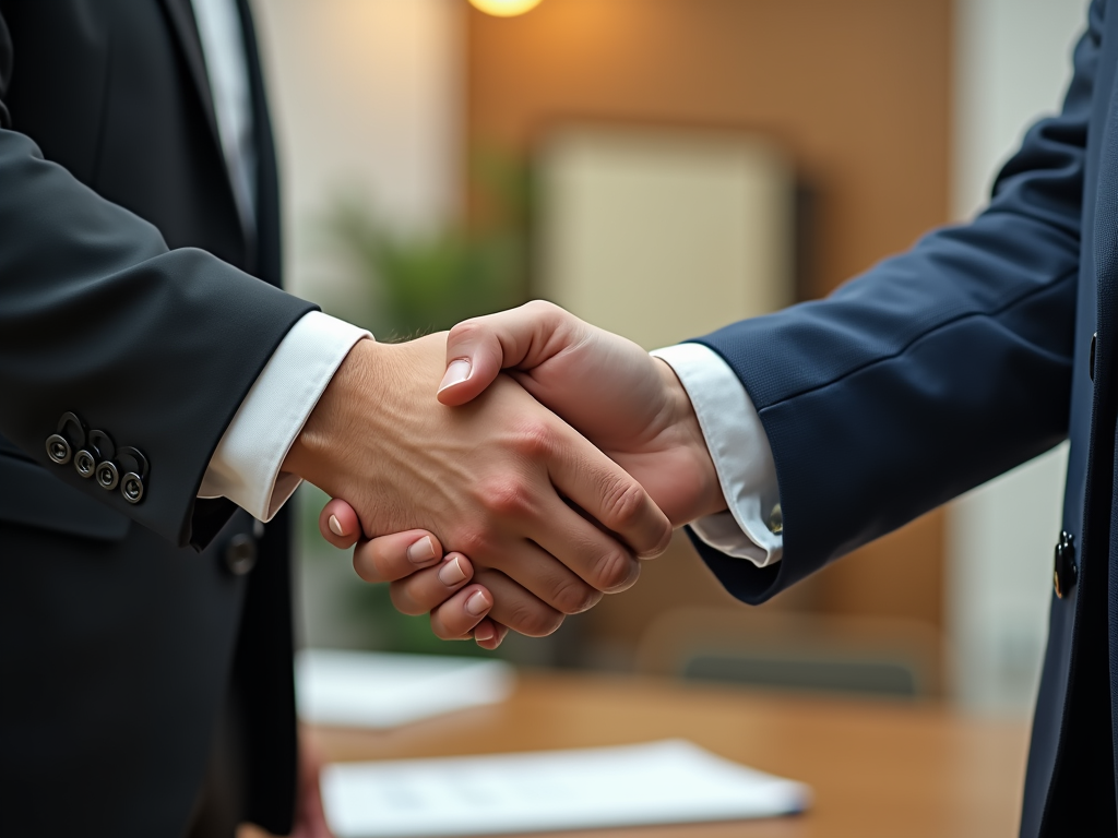 Two people in suits shaking hands in a professional setting, signifying agreement or partnership.