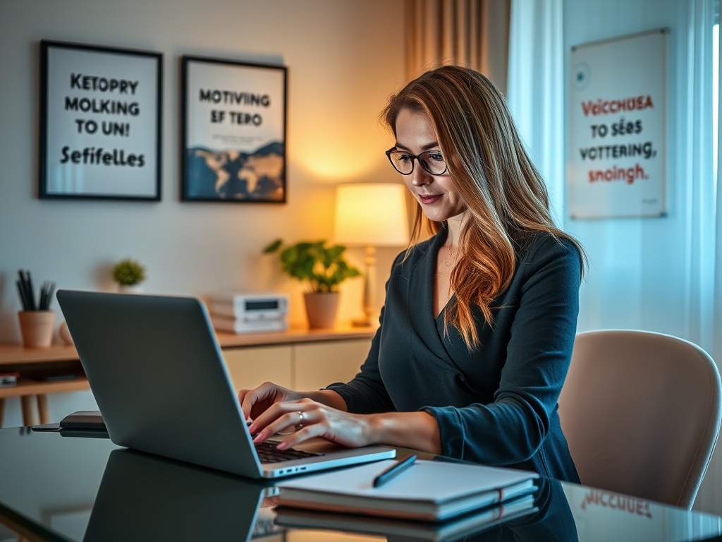 A woman with long hair and glasses works on a laptop at a desk decorated with plants and motivational posters.