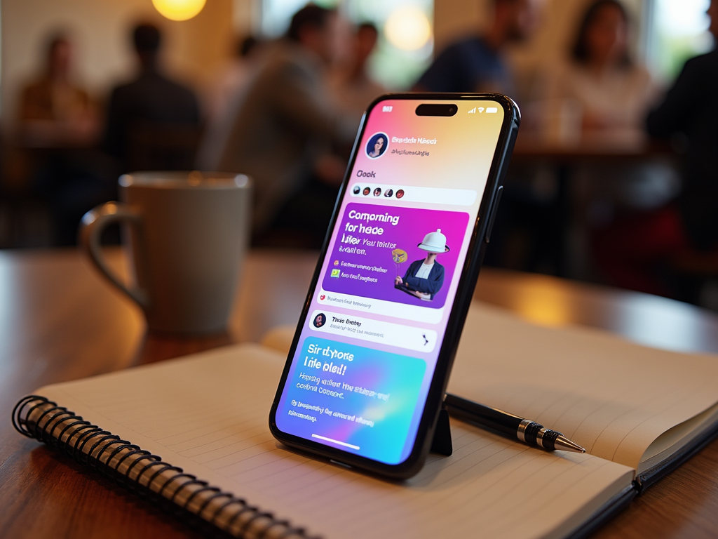 Smartphone displaying a colorful social media app, placed on a table beside a notebook and coffee cup, with blurry people in the background.