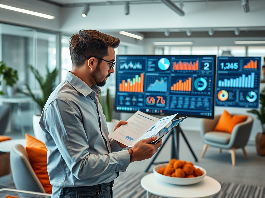 A man examines reports while standing in a modern office with data analytics displayed on large screens behind him.