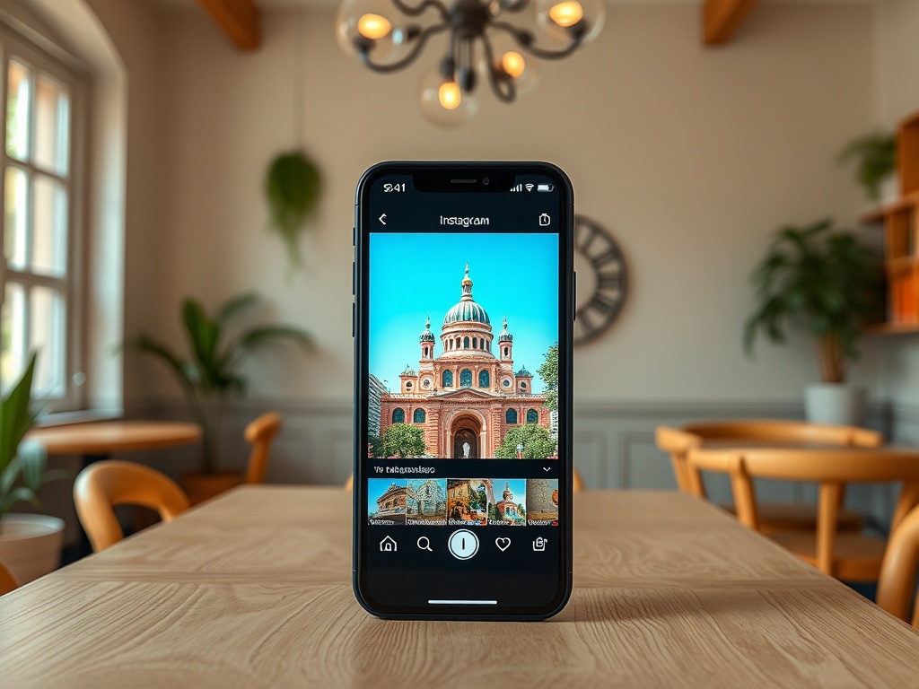 A smartphone displays an Instagram photo of a colorful dome-roofed building, set on a wooden table.