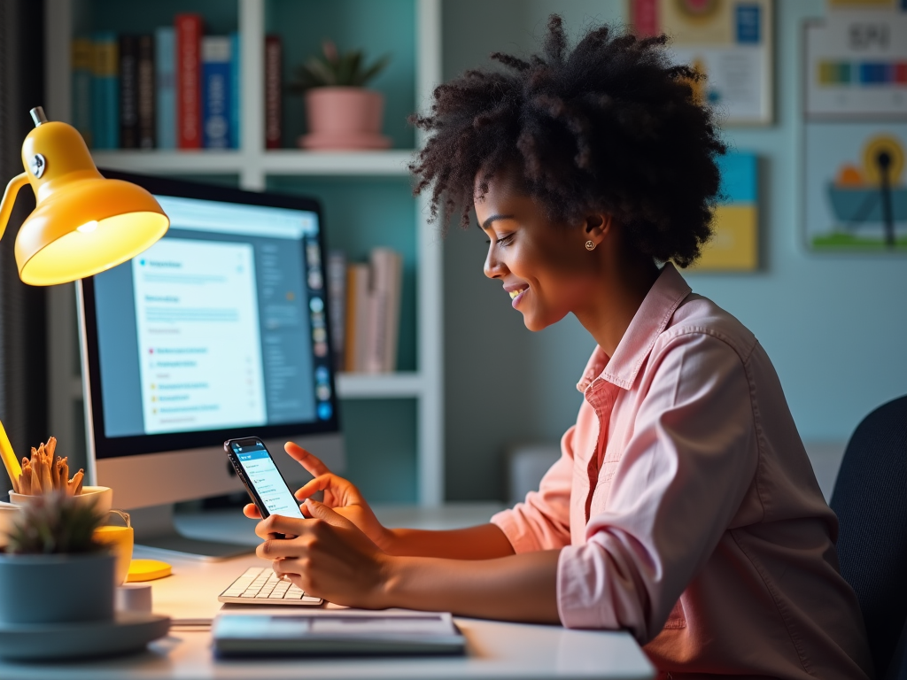 Woman smiling while using smartphone at a desk with a computer and yellow desk lamp.