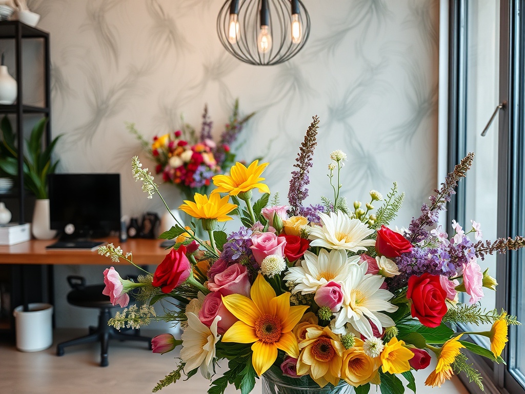 A vibrant bouquet of mixed flowers with a home office in the background and modern décor.