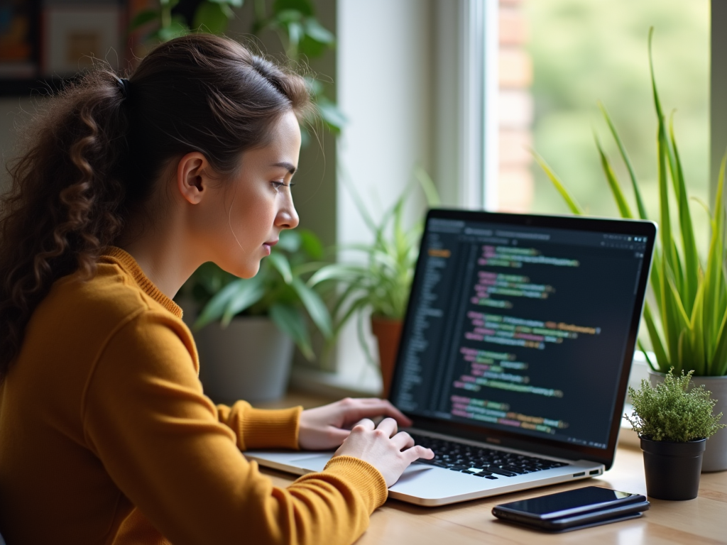 Woman coding on laptop by window, surrounded by plants.