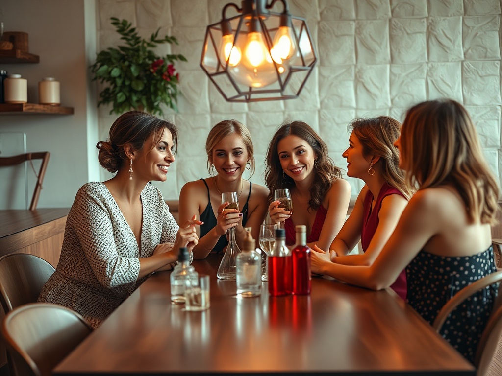 Five women laughing and chatting at a stylish bar, enjoying drinks and a warm, cozy atmosphere.