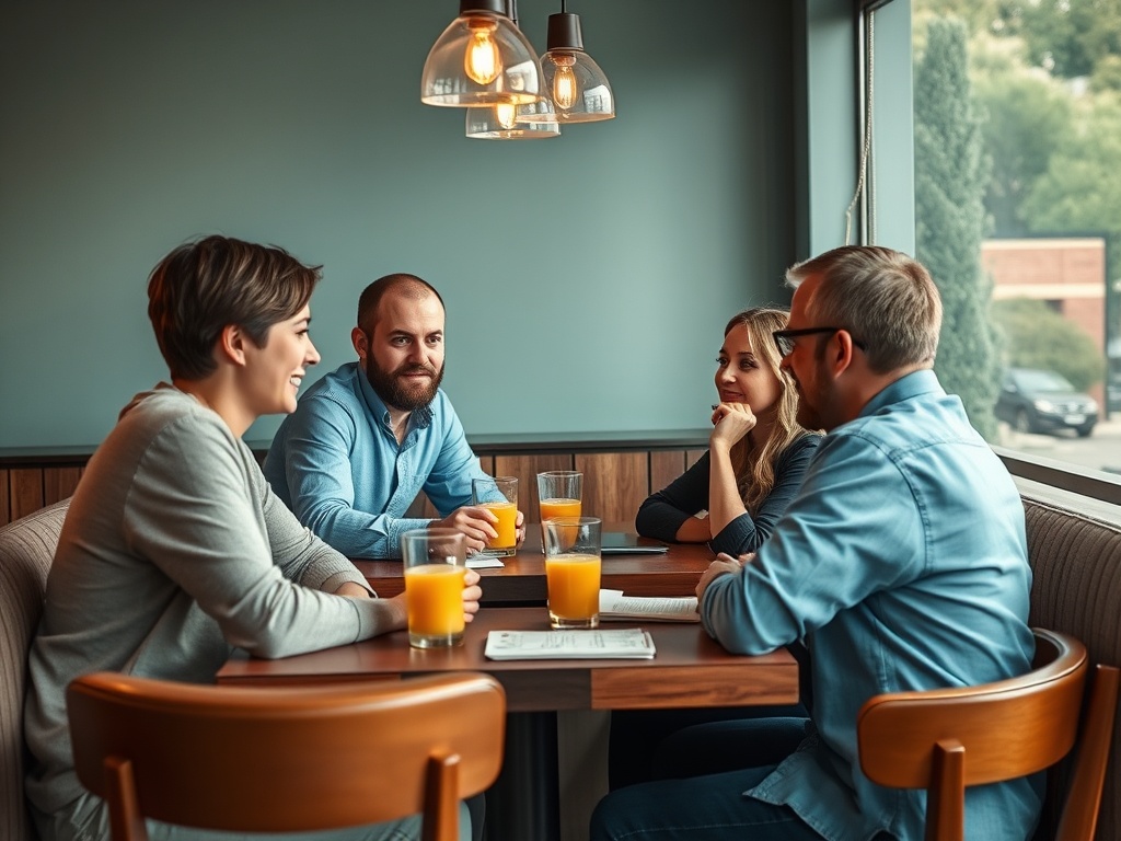 Four people are sitting around a table in a café, enjoying drinks and engaged in conversation.