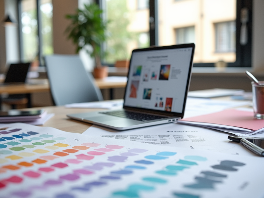 Laptop displaying graphics on screen, surrounded by color swatches and design materials on a busy desk.