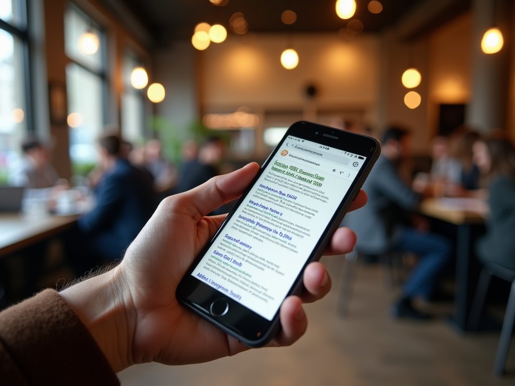 Close-up of a hand holding a smartphone displaying search results, with blurred people in a cafe background.