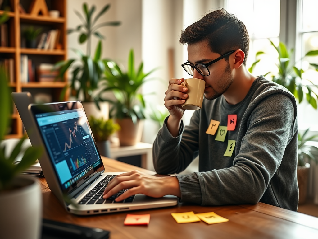 A man in a gray sweater, sipping coffee, works on a laptop surrounded by plants and sticky notes.