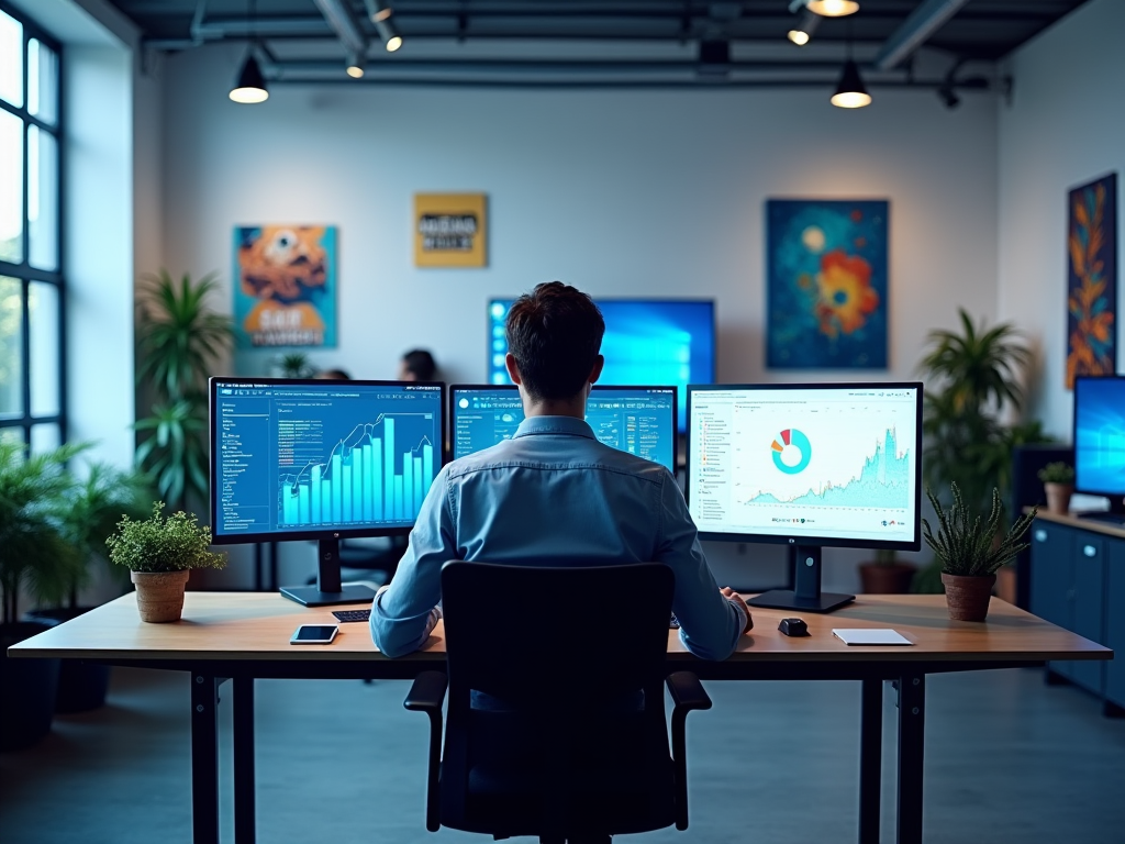 Man in office analyzing data on multiple computer screens, surrounded by vibrant artwork.