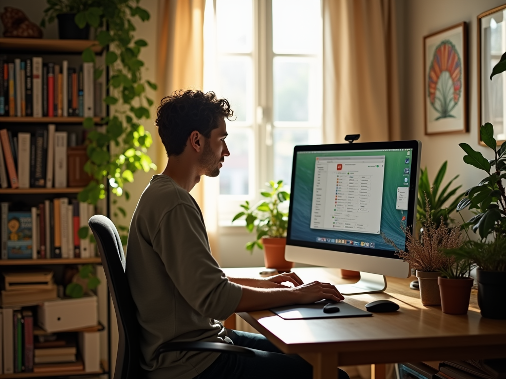 Man working on computer in a cozy, plant-filled home office with sunlight streaming in from window.