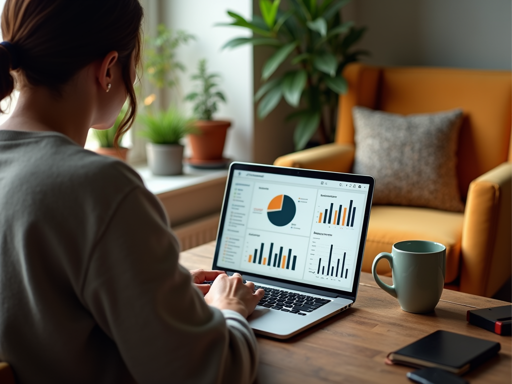 Woman analyzing data on laptop with graphs and charts on screen, in a cozy home office setup.