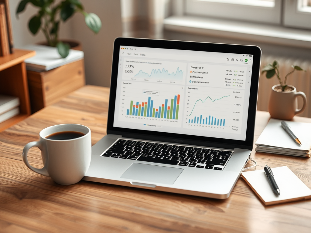 A laptop displaying analytics graphs on a wooden desk, next to a coffee mug and stationery. Plants are in the background.