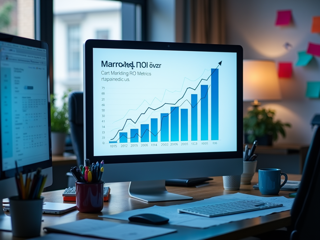 Computer screen displaying a bar and line graph with text, located in a modern office workspace.