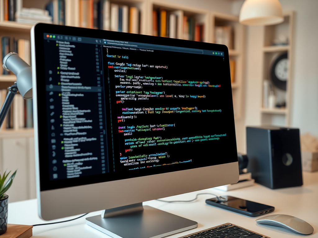 A computer monitor displaying code in a programming environment, with a desk setup including a lamp and smartphone.