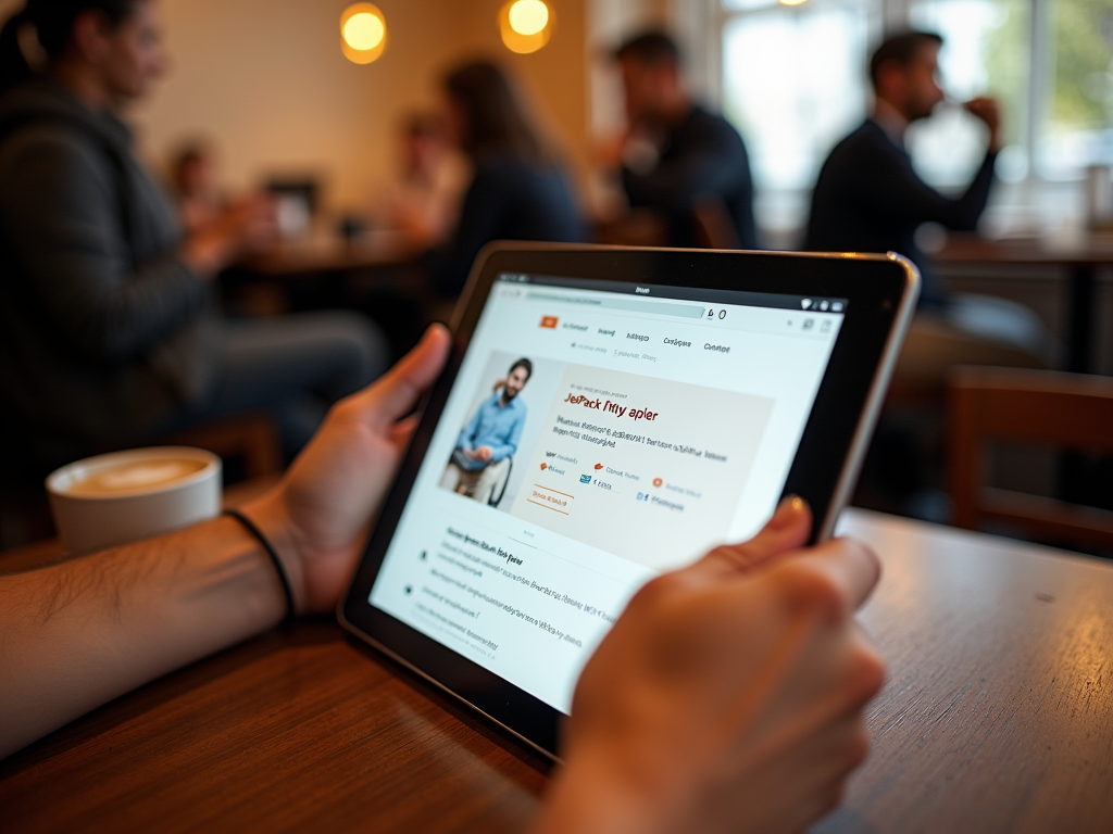 A person using a tablet in a café, viewing a website with a profile and information on a professional service.