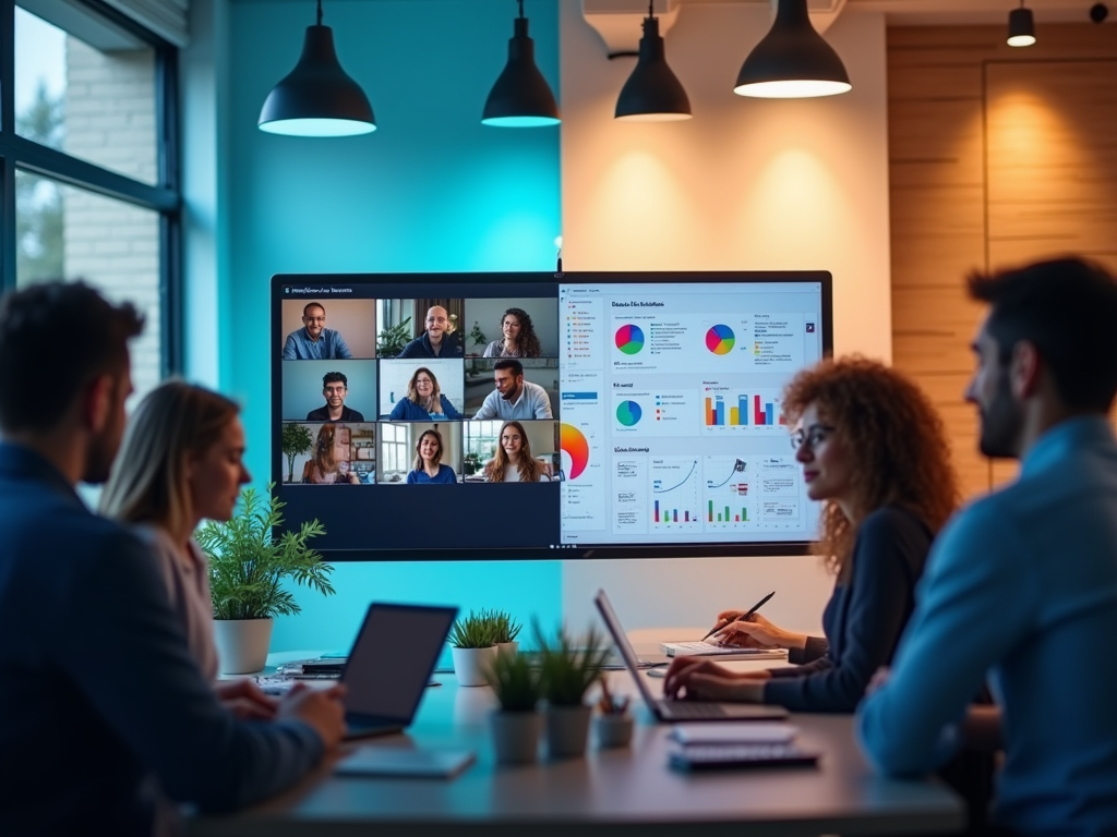 Team members participate in a virtual meeting displayed on large screens in a modern office setting.