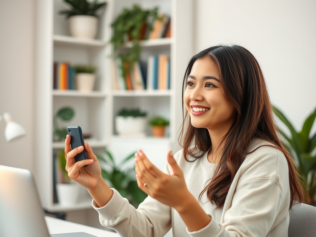 A young woman smiles while holding a smartphone, engaging in a conversation in a cozy, plant-filled room.