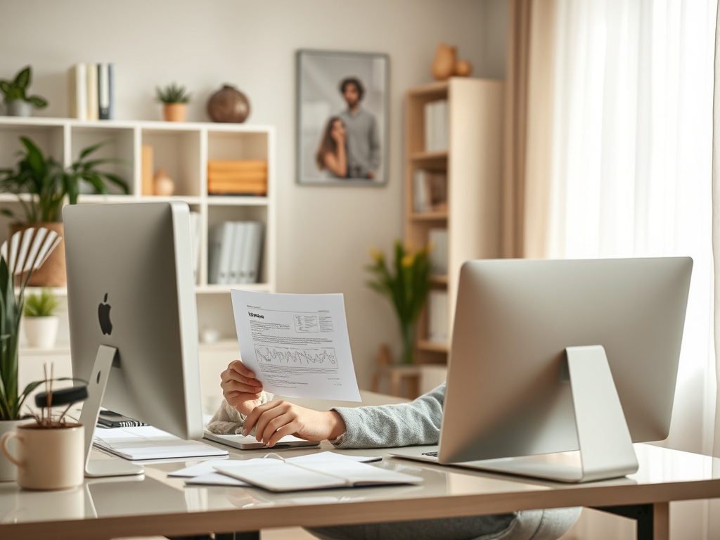 A person reviews a printed report while sitting at a desk with two computers in a bright, stylish office.