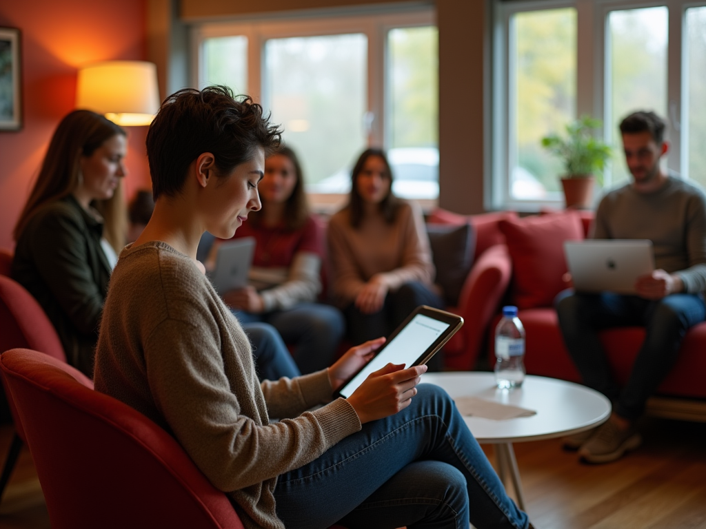 Woman with a tablet and group of people using devices in a cozy living room setting.