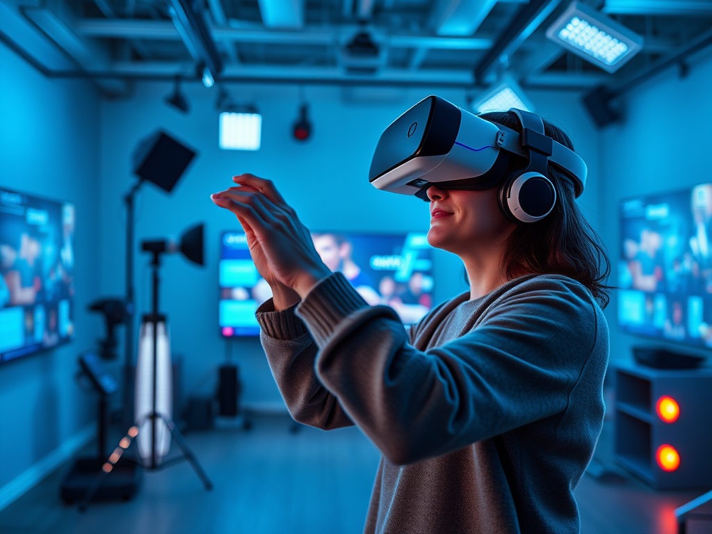 A person wearing a VR headset uses hand gestures in a dimly lit room with blue lighting and screens around.