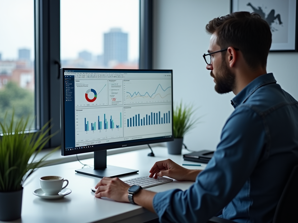 Man analyzing financial data on dual monitors in a modern office setting.