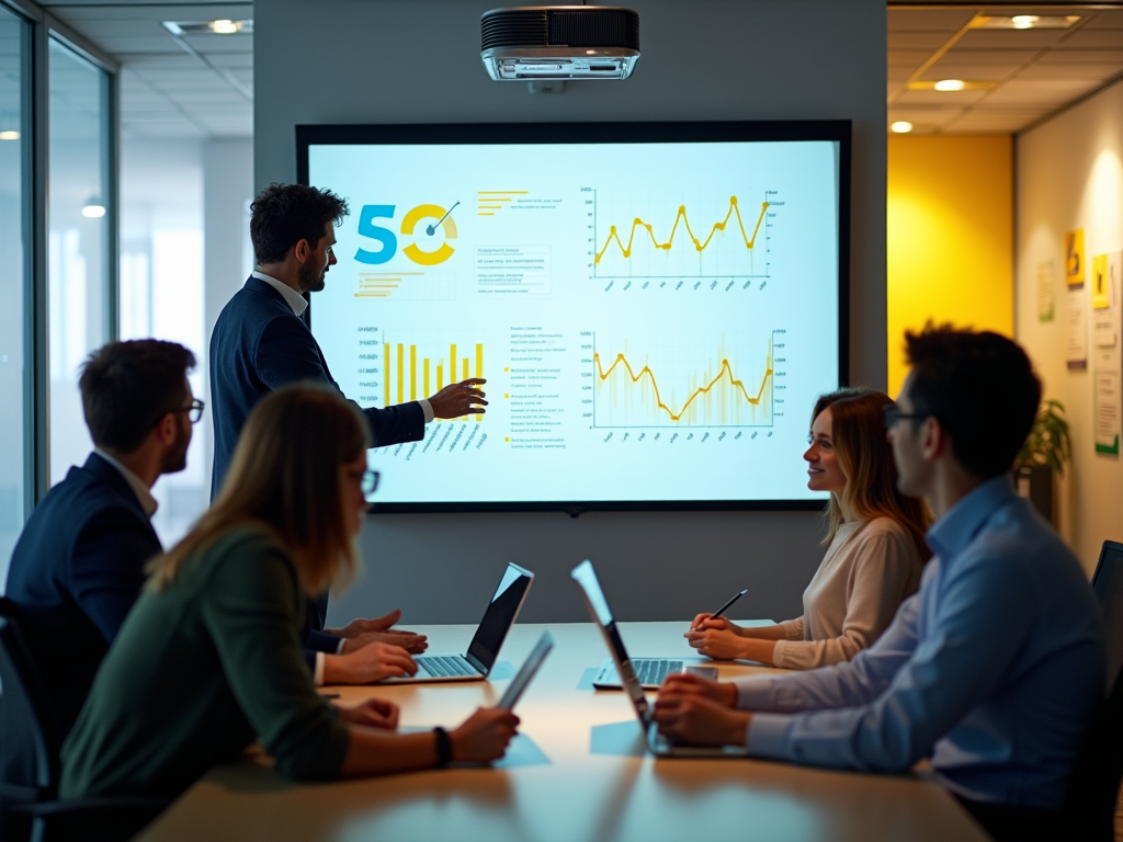 Businessman presenting data charts on screen to attentive colleagues in a modern office.