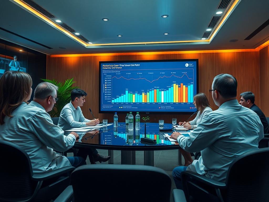 A group of professionals discussing a colorful data chart in a modern conference room.